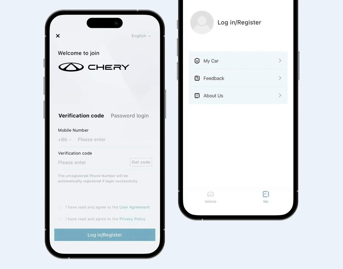 Login in/ Register page from Chery mobile app